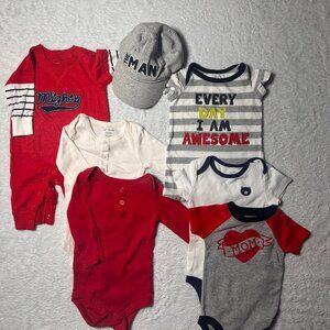 Baby Boys Clothing Bundle (P–3M) | 7 Pieces + Hat | Red & Grey Graphic Set